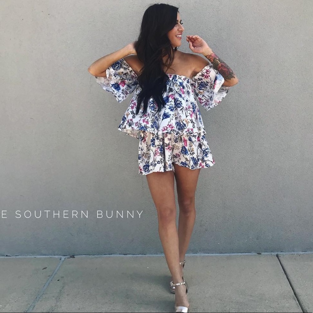Floral Romper: off the shoulder dress